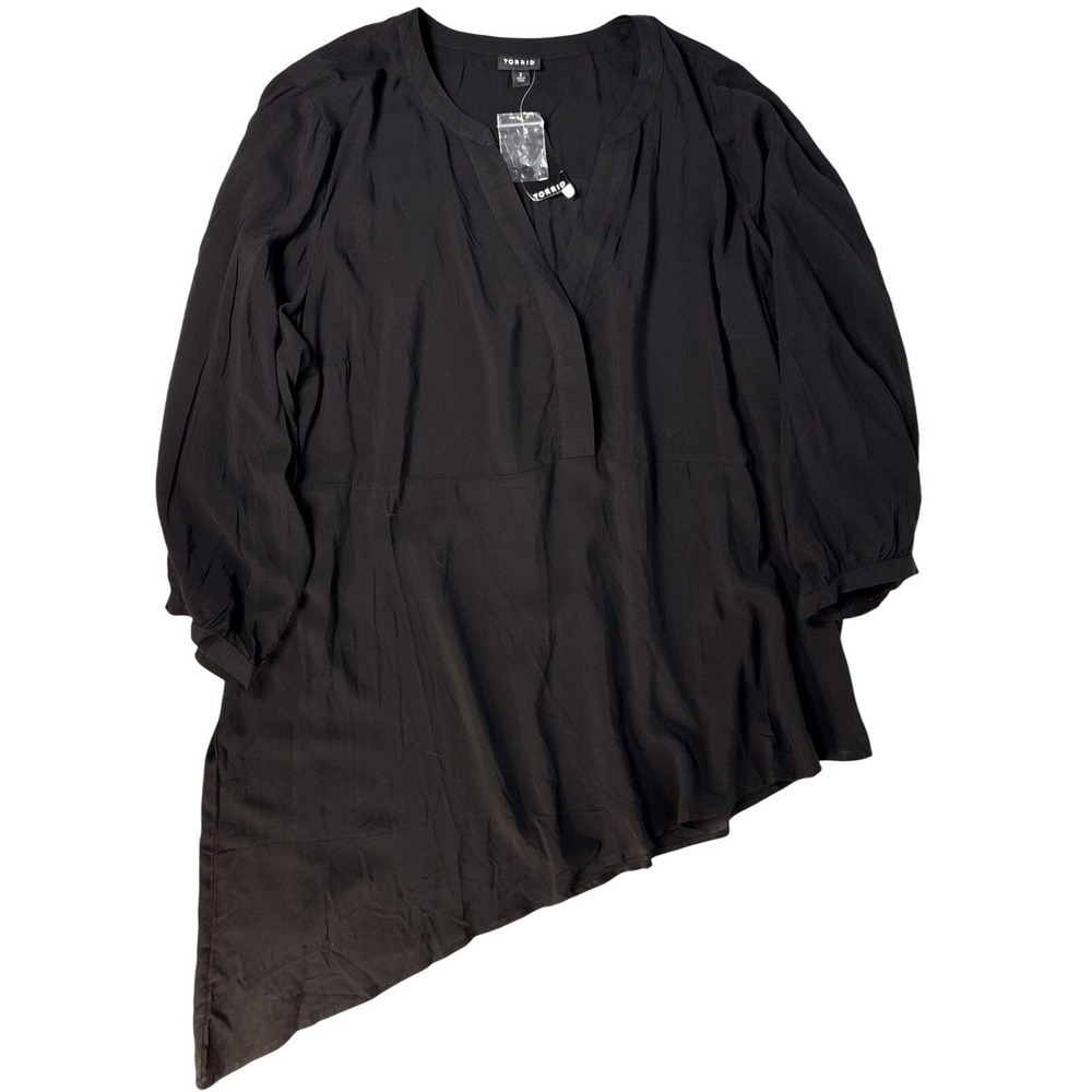 Torrid Tunic 2 Black Challis Asymmetrical Hem 3/4 Sleeve V-Neck Blouse 12544421